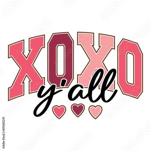 XoXo Y'all, Valentine varsity college text design with hearts for Valentine's Day celebration