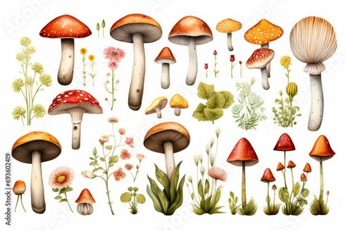 Abstract watercolor collection of autumn mushrooms. Hand drawn nature design elements isolated on white background.