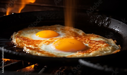 Closeup photo shot of fried eggs in a frying pan with butter or oil, delicious appetizing golden brown cooked white and soft yellow yolks, cooking on the fire, with large orange flames dancing, pepper