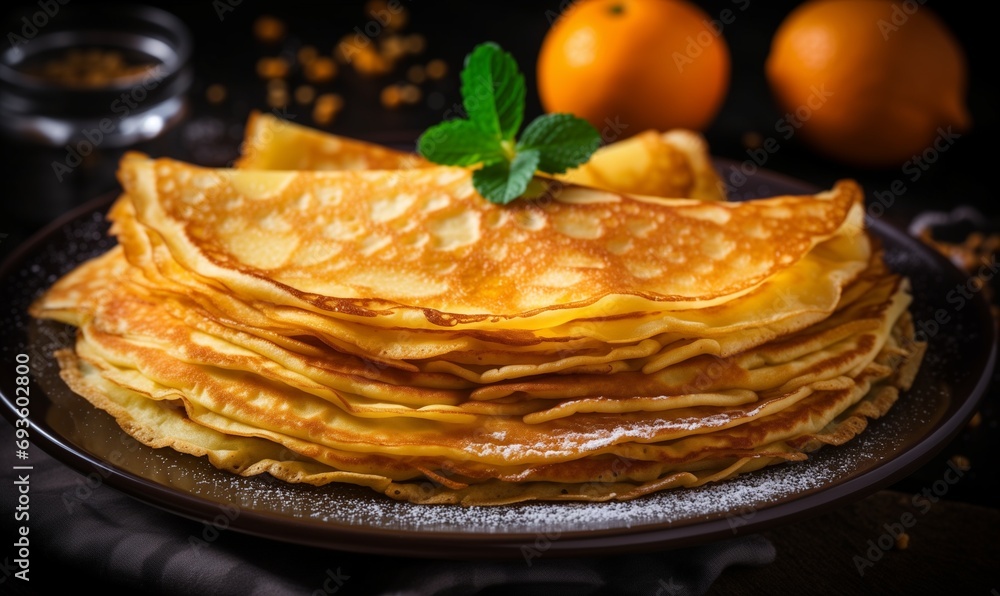 A plate of orange crepes suzette for mardi gras or chandeleur dusted with powdered icing sugar, delicious dessert for an healthy diet, gourmet snack, beautiful closeup photograph, food illustration A plate of orange crepes suzette for mardi gras or chandeleur dusted with powdered icing sugar, delicious dessert for an healthy diet, gourmet snack, beautiful closeup photograph, food illustration