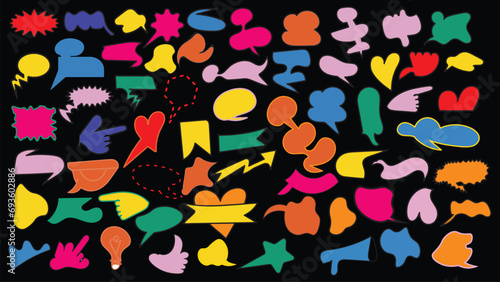 random pattern set and Retro 90s cartoon style sticker shape pack.Hand drawn decorative and speech bubble silhouette set.90s vintage Vector design element set.