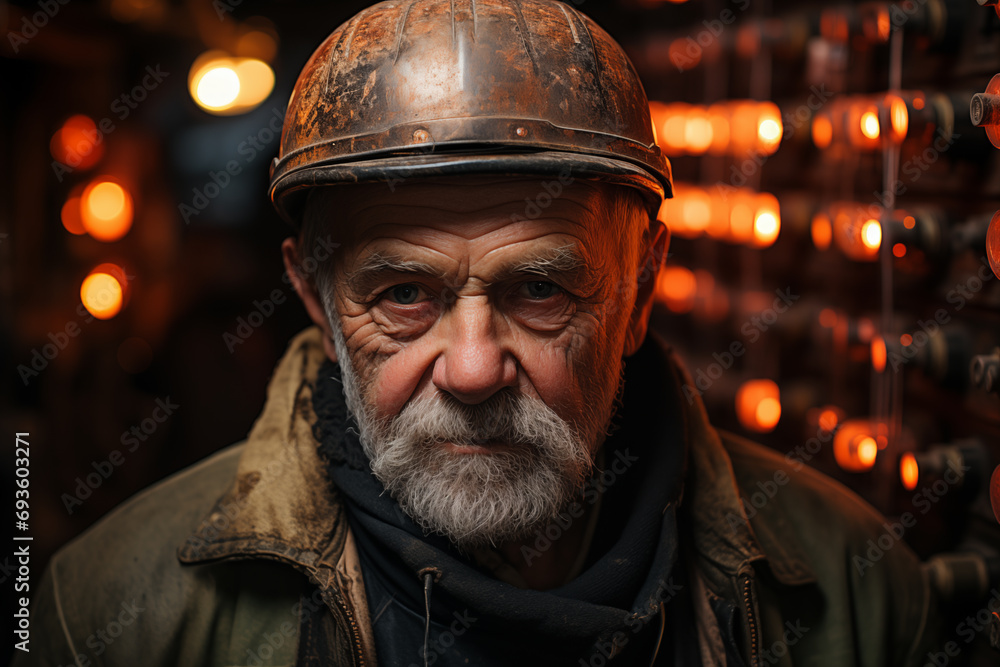 portrait of aged man worker in a hard hat on a blurred industrial background