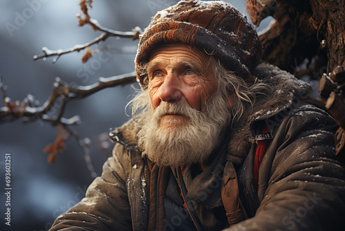 portrait of a village old man against the backdrop of a snowy natural landscape photo