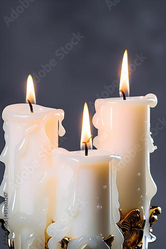 Burning white candles with dripping wax on a light background. The concept of esotericism, fortune telling.