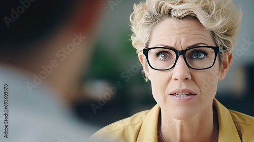 Middle aged Caucasian woman at an appointment with a psychologist. She delves into the problem and helps the patient solve the problem. The psychotherapist listens carefully to the patient’s story.