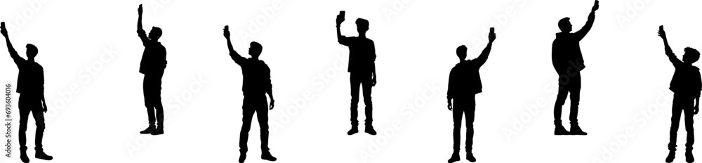 Vector Set Of People Taking Class Selfie Silhouettes Illustration Isolated On White Background.