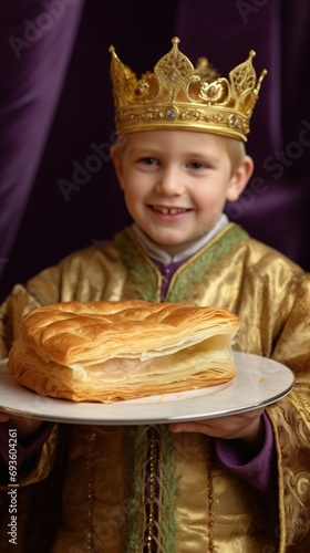 Child in a king carnival costume holding a giant plate with a huge share of galette des rois, French traditional epiphany kings cake religious symbol, evoking the three wise men's visit to baby Jesus 