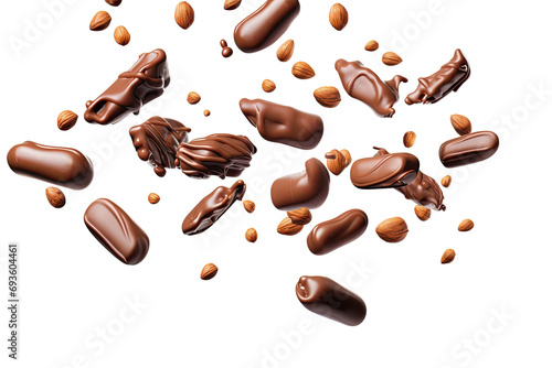 Various types of chocolate falling with choc flake in the air isolated on transparent background, dessert sweet concept, piece of dark chocolate. photo