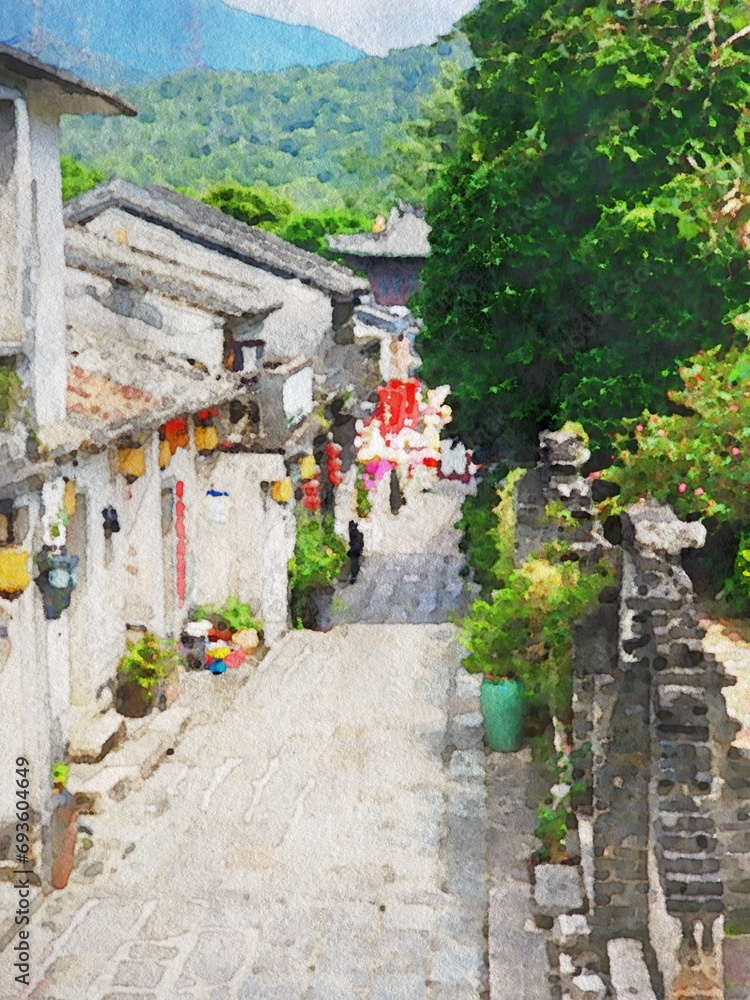 Traditional rural street at sunny daytime view watercolor stock illustration.
