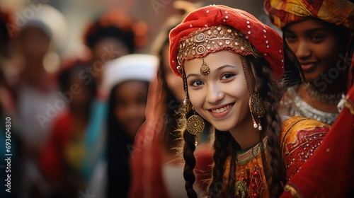 pretty woman wearing gypsy costume in traditional festival, people attend old fashion fun fair, Generative Ai