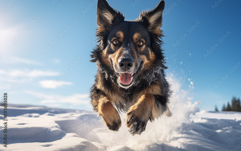 Un chien de race berger allemand courant dans la neige