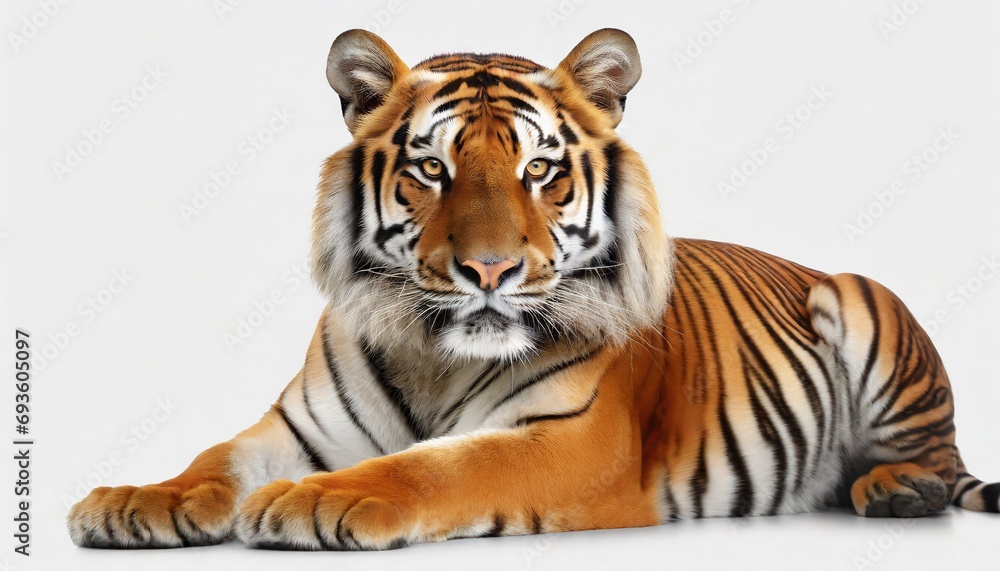 Tiger lying down isolated on white background