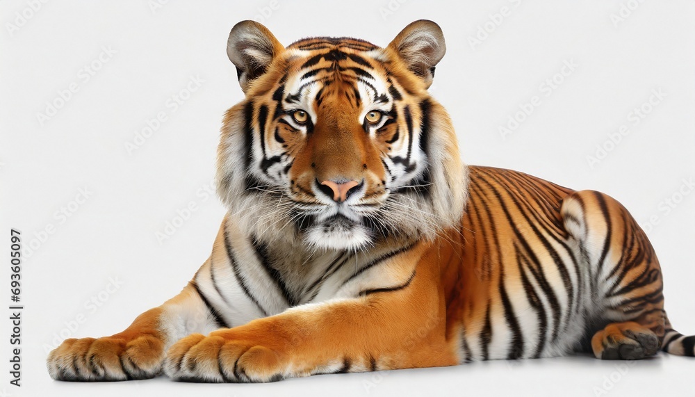 Fototapeta premium Tiger lying down isolated on white background