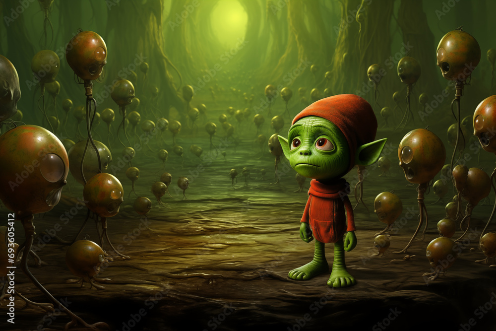 Science fiction little green alien with child like features. He appears ...