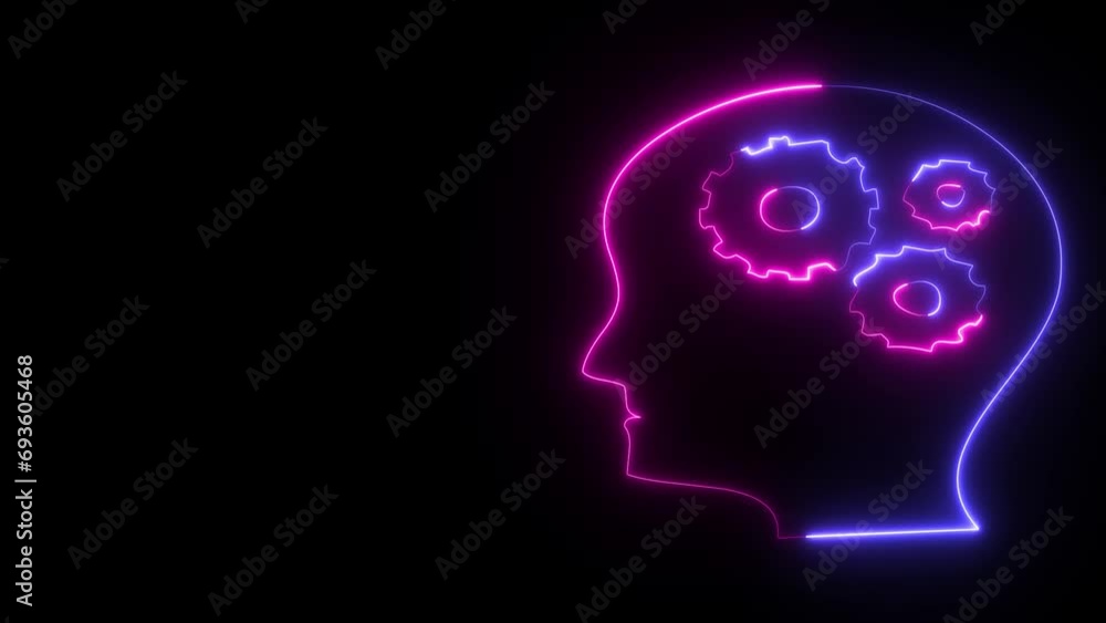 Glowing neon line Human head with gear silhouette icon isolated on black background. Human head with gear neon line profile icon animation. Human anatomy and science concept Glowing neon line Human head with gear silhouette icon isolated on black background. Human head with gear neon line profile icon animation. Human anatomy and science concept