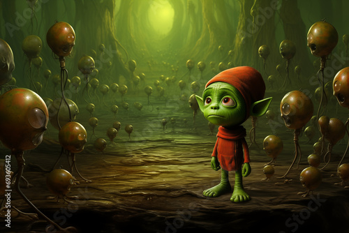 Science fiction little green alien with child like features. He appears cute and innocent but is surrounded by a dangerous world environment photo