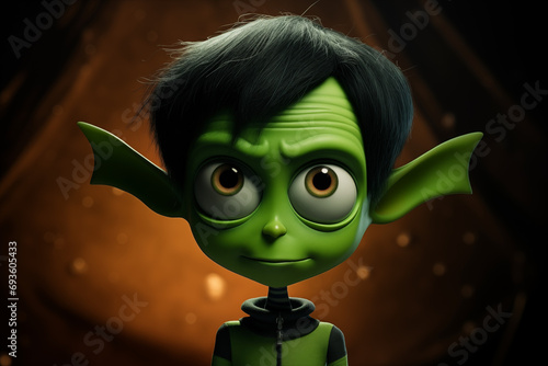 Science fiction little green alien with child like features and large bat like ears with a big eyes.  photo