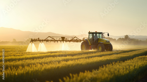 Tractor in the middle of a field  spraying crops with a boom sprayer
