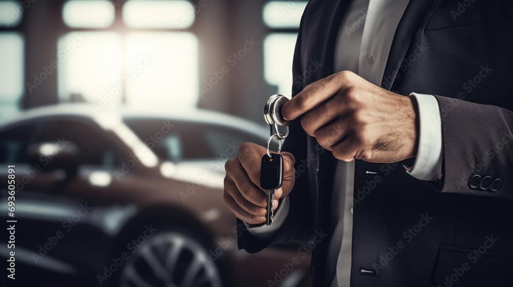 A man standing with keys against car