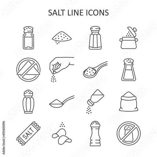 Salt line icon set. Vector collection with salt heap, shaker, salting hand, chips, food without sodium. photo
