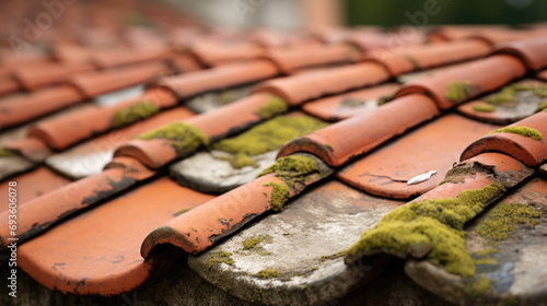 Close-up of overlapping roof tiles with varying degrees of aging photo