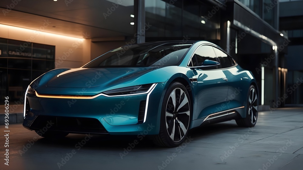 Electric powered car parked outside corporate building, sustainable luxury car, eco friendly renewable energy concept Electric powered car parked outside corporate building, sustainable luxury car, eco friendly renewable energy concept