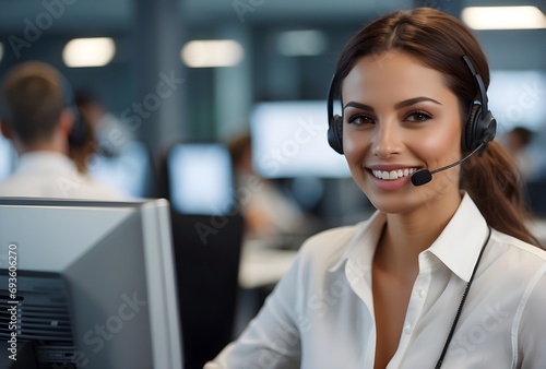 A diligent female call center agent, focused and dedicated, managing tasks on a computer at the central customer service hub photo