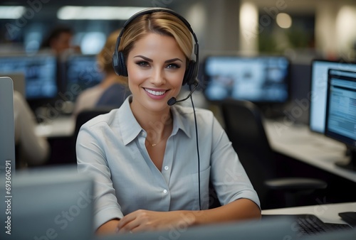A diligent female call center agent, focused and dedicated, managing tasks on a computer at the central customer service hub photo