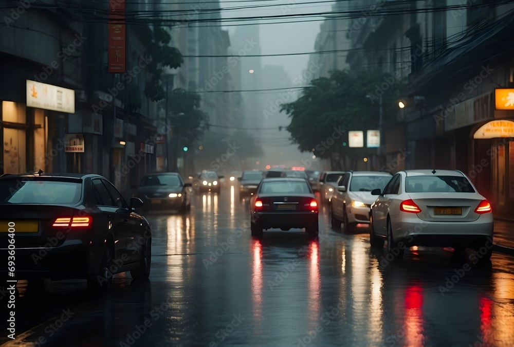Cars driving in traffic on a rainy day on a city street