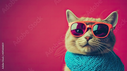 Stylish cat with glasses on a pink background. Generative AI