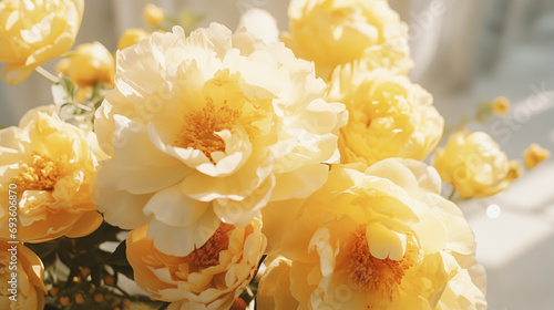 Fototapeta Naklejka Na Ścianę i Meble -  Bouquet of stylish peonies close-up. Yellow peony flowers. Close-up of flower petals. Floral greeting card or wallpaper. Delicate abstract floral pastel background. Greeting card. Generated AI