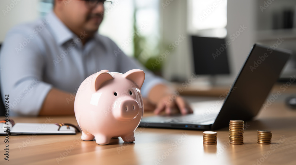 Piggybank on a desk with stacks of coins next to it, while a blurred businessman works on a laptop in the background. Piggybank on a desk with stacks of coins next to it, while a blurred businessman works on a laptop in the background.
