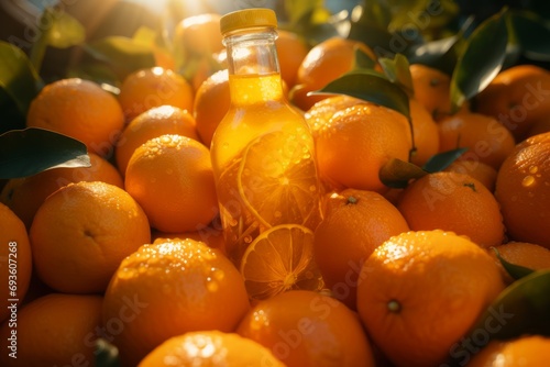 orange juice bottle stands in surrounded full of oranges