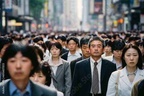 Crowd of Asian people walking street in 1970s