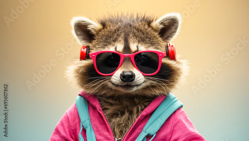 portrait funny style raccoon in clothes, sunglasses and headphones