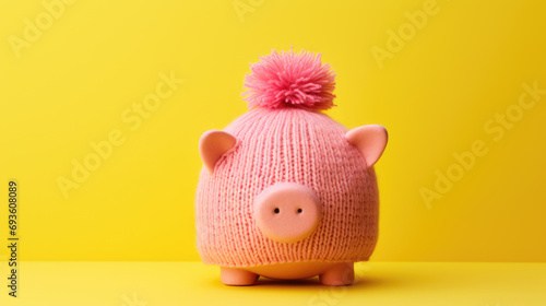 Piggy bank wearing a knit hat with a pom-pom on top, against a vibrant yellow background photo