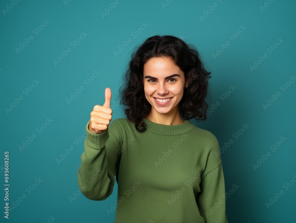 Pointing. Close-up photo of a happy woman, Young woman pointing her finger Pointing. Close-up photo of a happy woman, Young woman pointing her finger