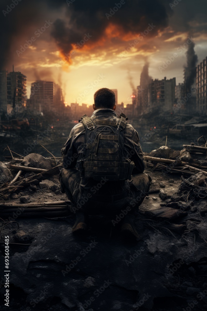 a lonely soldier stays in front a destroyed city a lonely soldier stays in front a destroyed city
