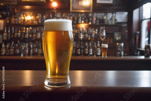 Glass of beer on a bar counter in a pub