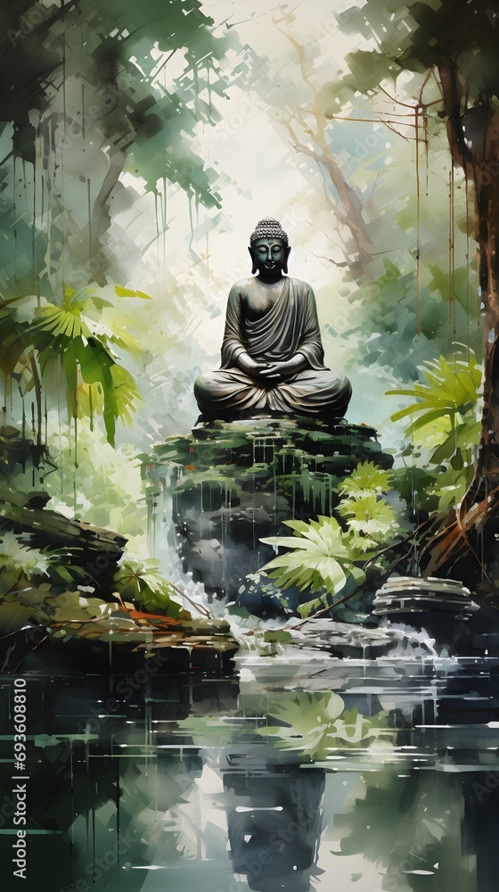 Watercolor painting of a statue of Buddha or Bodhisattva, zen meditation wallpaper