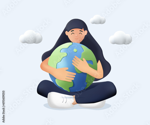 Young woman embraces green planet Earth with care and love, 3D illustration. Vector illustration of Earth day and planet