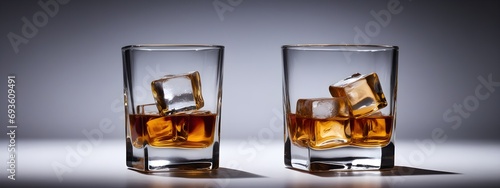 Studio shot of a glass with whiskey and ice cubes.