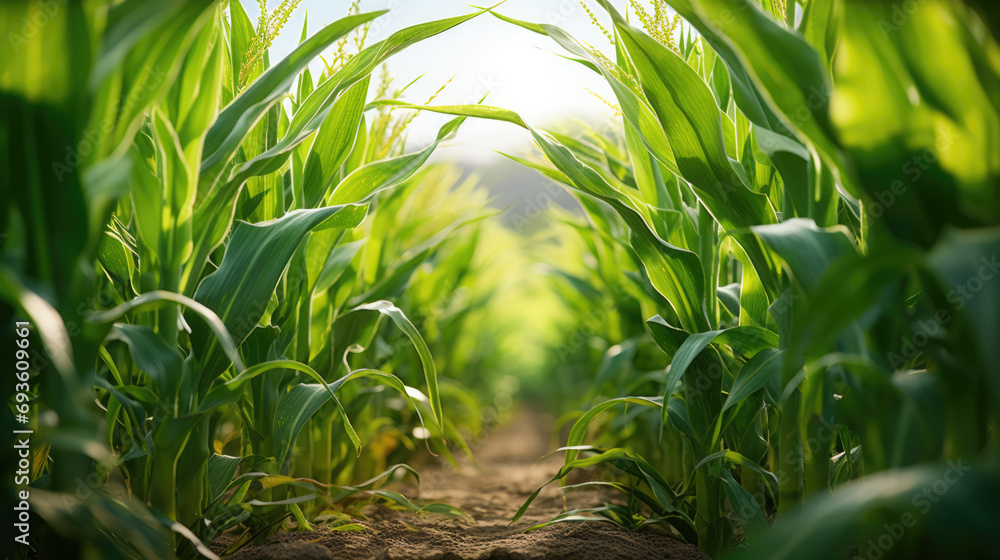 Green cornfield with the sun peeking through the leaves