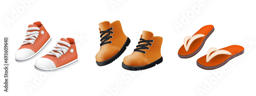 Various Shoes icons collection. Boots, sport shoes, sneaker, hiking footwear and other shoes for training 3D. Icons set photo
