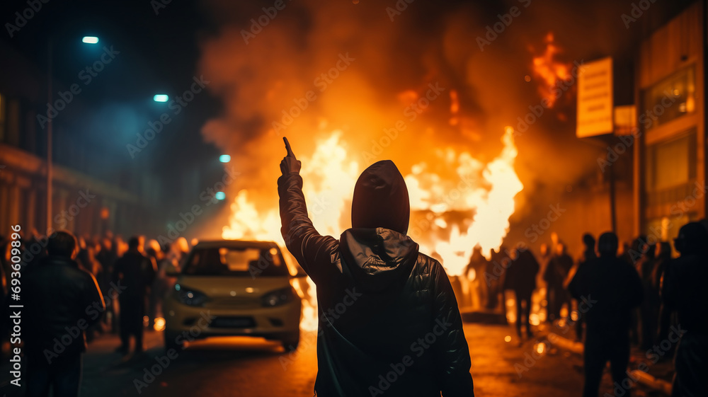 Naklejka premium Concept protesters riot people. Back view Aggressive man without face in hood against backdrop of protests and burning cars