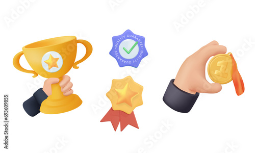 3D Award, winning cup, first place medal, ribbon prize. Hand holding gold medal and champion trophy cup. 3D trendy