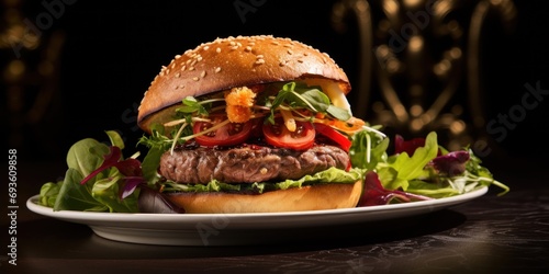 Fresh tasty burger on dark background