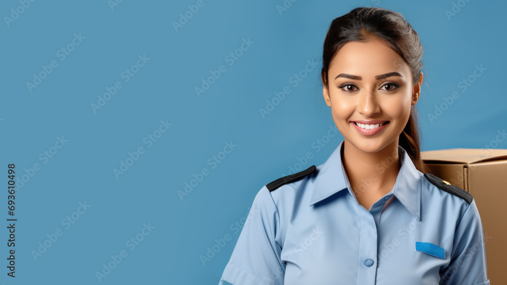 Indian woman in postal officer uniform isolated on pastel background Indian woman in postal officer uniform isolated on pastel background
