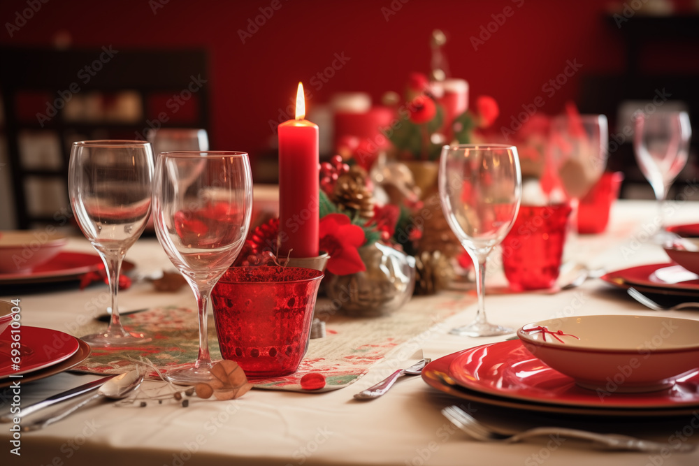 The dining table is decorated with red candles to celebrate Valentine's Day.