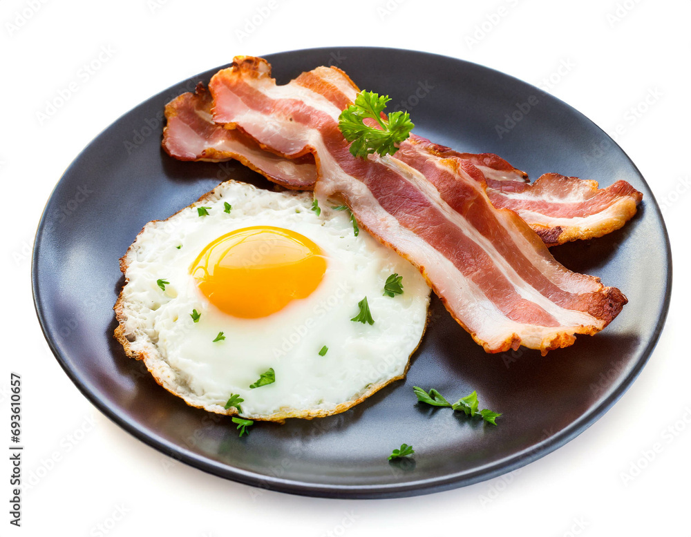 Bacon mit ei auf Teller isoliert auf weißem Hintergrund, Freisteller